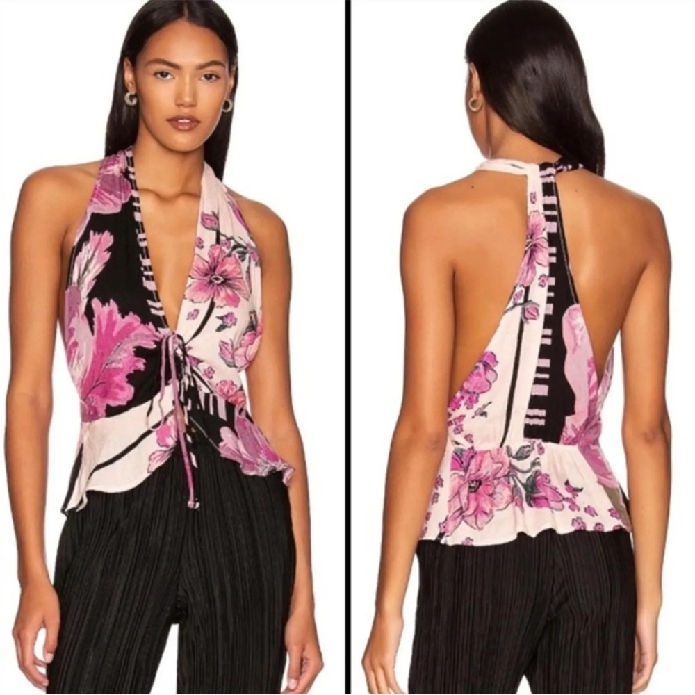 Free People Pink Floral Halter Tank Top